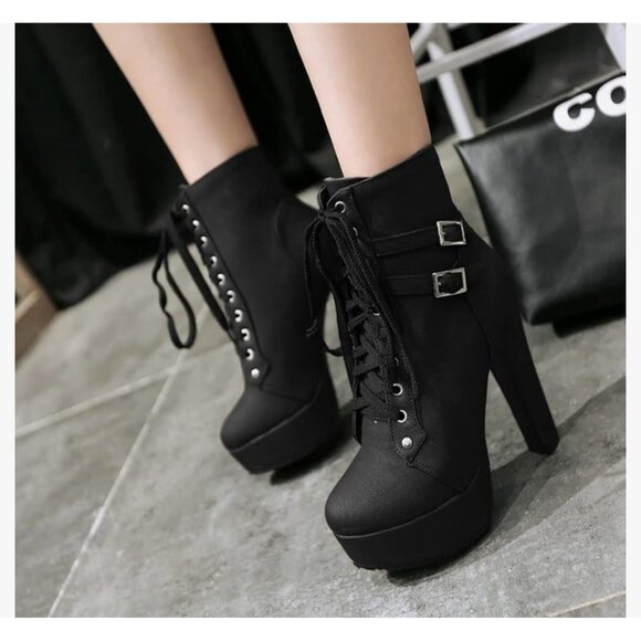 Womens Ankle Boots Round Toe Block Chunky High Heels Lace Up Platform Shoes  Sz9 - Picture 10 of 10
